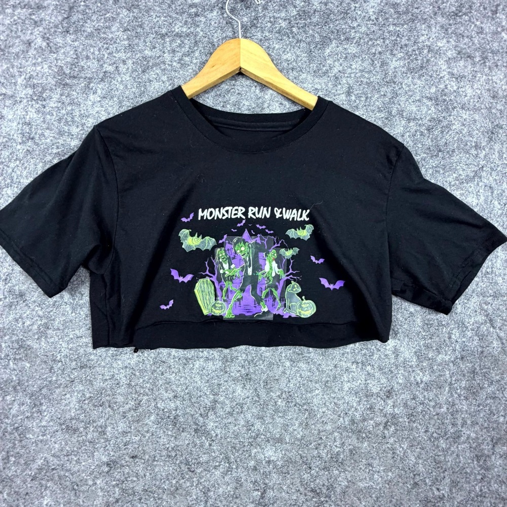 Monster Run & Walk Graphic Gildan Performance Cropped T-Shirt Womens Small Black